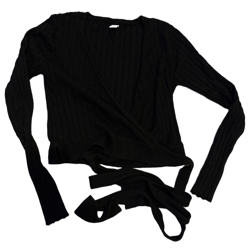 Twik Black Ribbed Knit wrap cardigan sweater
